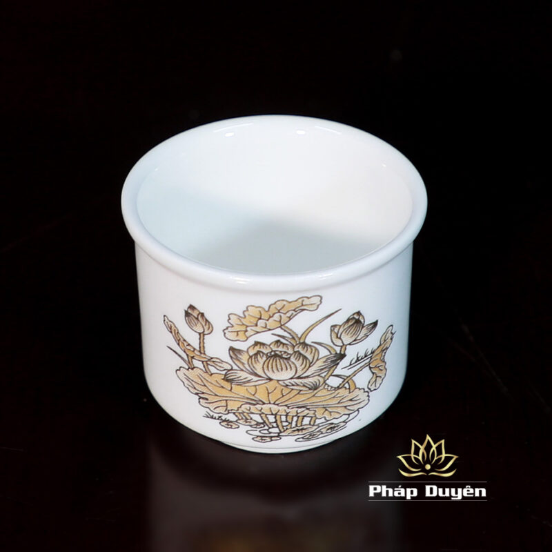 Bộ Kỷ 5 Chén Nước Bằng Sứ Trắng Hoa Sen Vàng - Ảnh 3