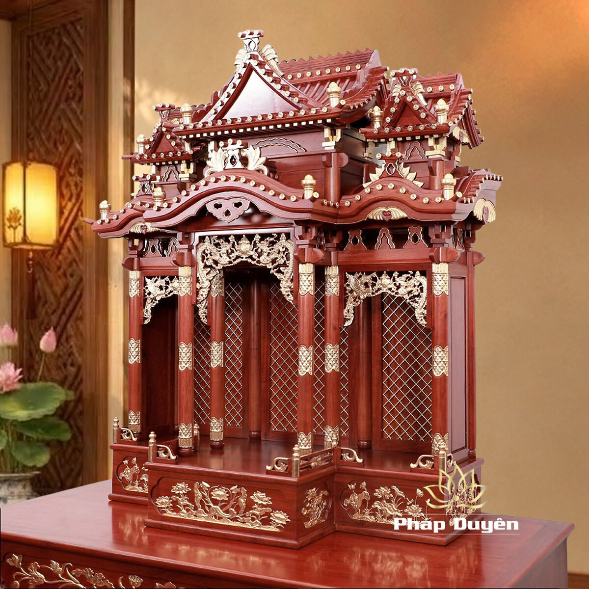 Combo Ban Thờ Thần Tài Thổ Địa Ba Gian "Thái Hòa Hưng Vượng" Gỗ Hương, Màu Cánh Gián Dát Vàng, Kích Thước 153*127*189cm - ảnh 4