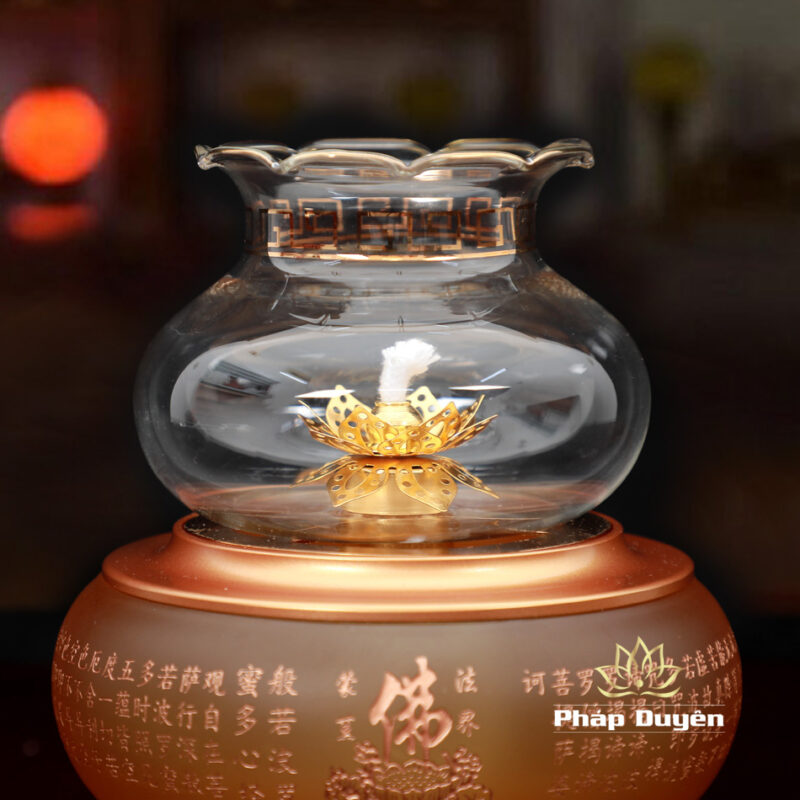 Đèn Dầu Lưu Ly Vàng Tâm Kinh Khắc Chìm (Mẫu Mới) - Ảnh 2
