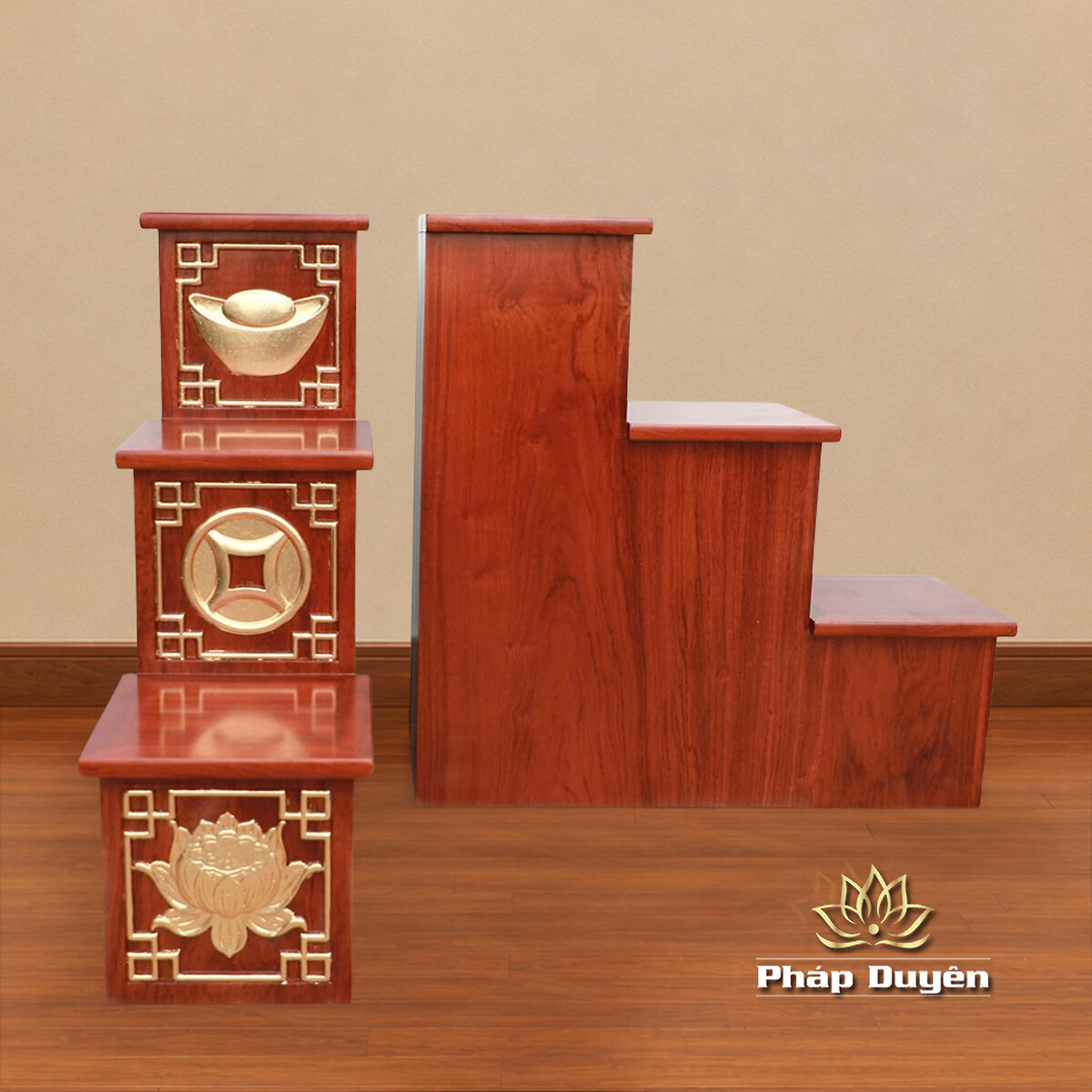 Combo Ban Thờ Thần Tài Thổ Địa Ba Gian "Thái Hòa Hưng Vượng" Gỗ Hương, Màu Cánh Gián Dát Vàng, Kích Thước 153*127*189cm - ảnh 7