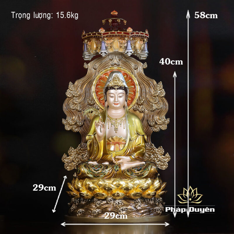 Tượng Quan Âm Bồ Tát Ngồi Non Nước, Bằng Đồng, Có Lọng Che, Cao 40cm (Tổng Lá Đề 58cm) - Ảnh 6