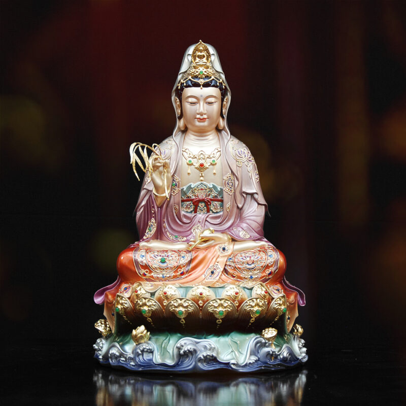 Tượng Quan Âm Bồ Tát, Chất Liệu Đồng Sơn Màu, Cao 40cm