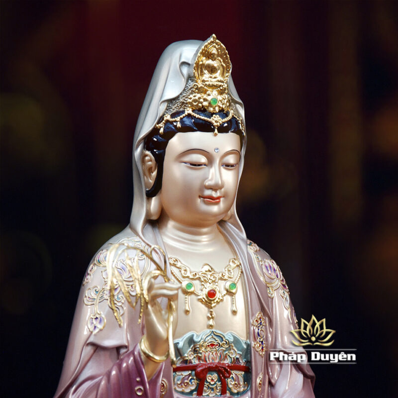 Tượng Quan Âm Bồ Tát, Chất Liệu Đồng Sơn Màu, Cao 40cm - Ảnh 3