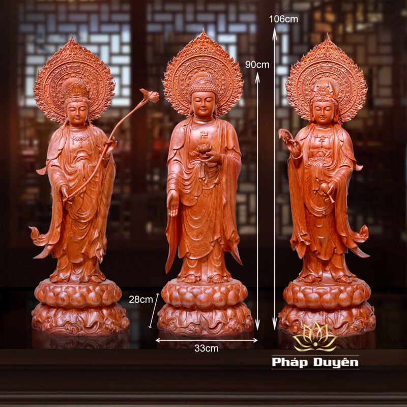 Bộ Tượng Tây Phương Tam Thánh Đứng, Bằng Gỗ Hương, Cao 90cm, Tổng là đề 106cm - Ảnh 22