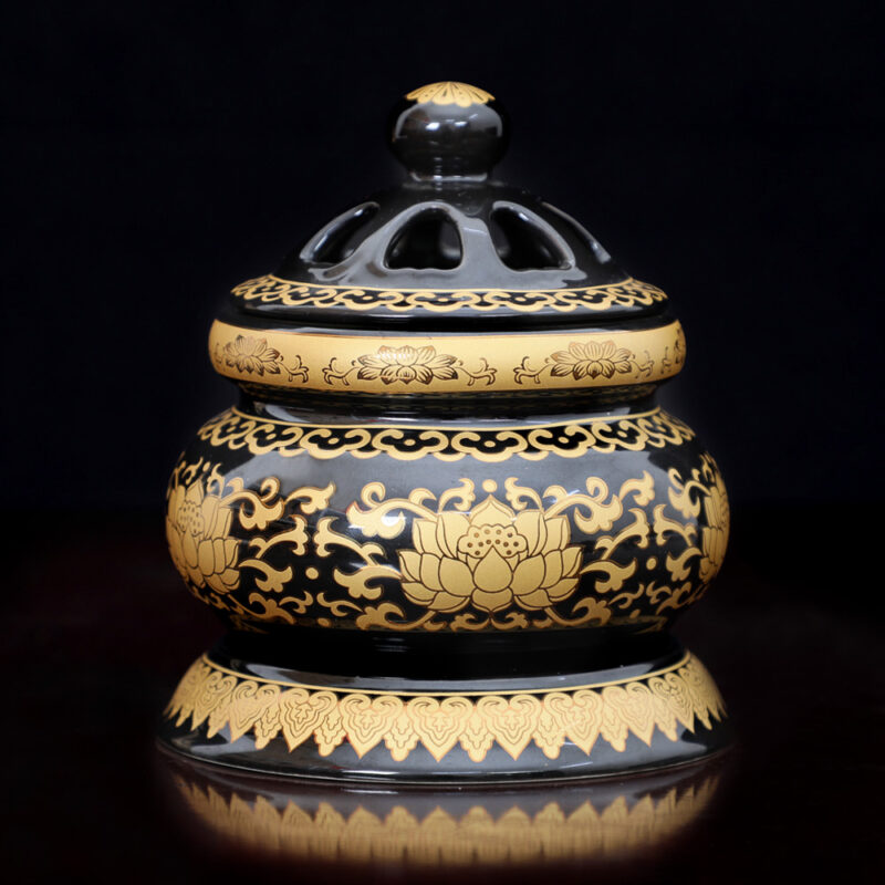 Lư Trầm Bằng Gốm Màu Đen Sen Vàng, Size L (15cm )