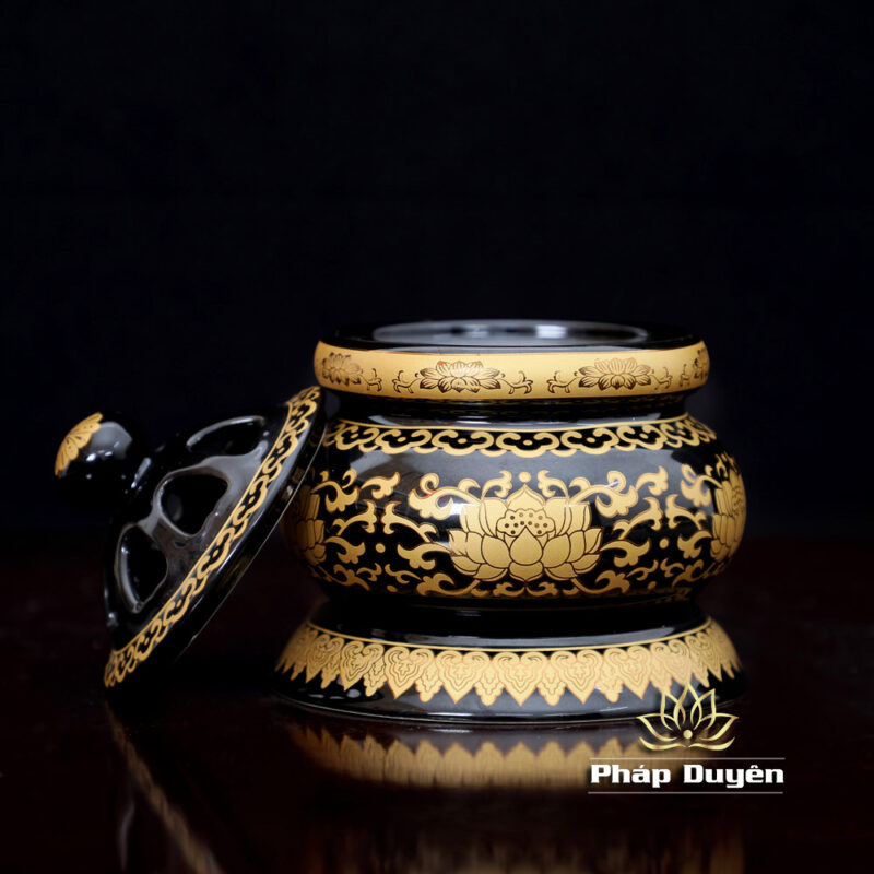 Lư Trầm Bằng Gốm Màu Đen Sen Vàng, Size L (15cm ) - Ảnh 2