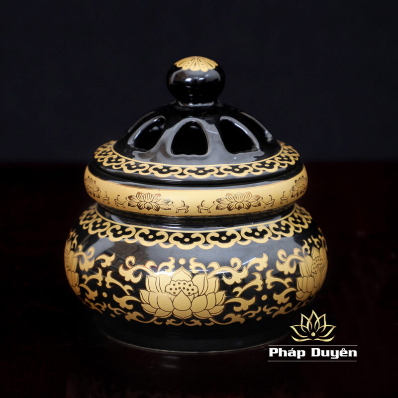 Lư Trầm Bằng Gốm Màu Đen Sen Vàng, Size L (15cm ) - Ảnh 3