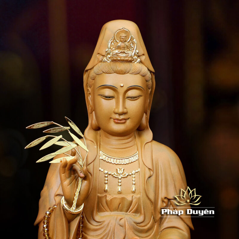 Tượng Bồ Tát Quan Âm Ngồi Đài Sen, Gỗ Hương Chương (Long Não) Điểm Vàng, Cao Từ 40-48cm - Ảnh 2
