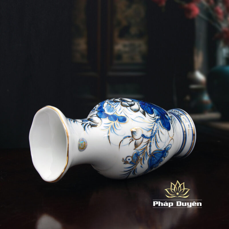 Lọ Hoa (Bình Bông) Miệng Lá Sen Gốm Men Xanh Vàng Kim 25P, Cao 25cm - Ảnh 2
