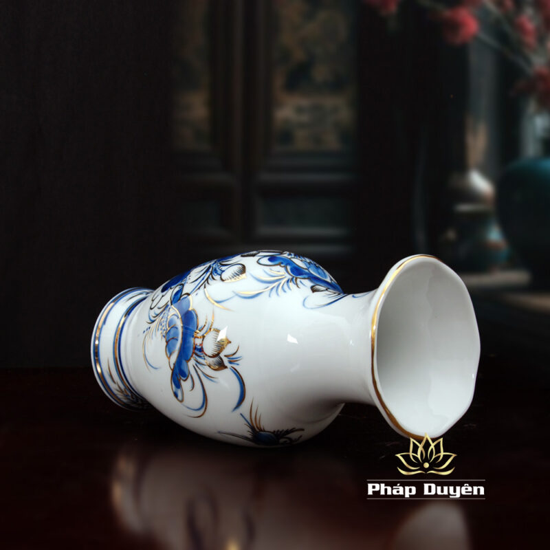 Lọ Hoa (Bình Bông) Miệng Lá Sen Gốm Men Xanh Vàng Kim 25P, Cao 25cm - Ảnh 3