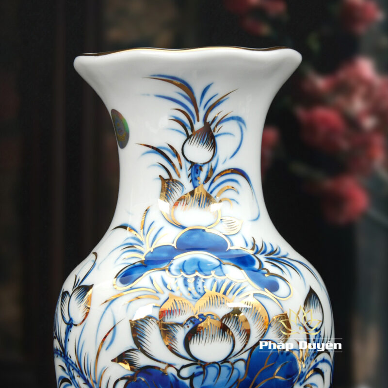 Lọ Hoa (Bình Bông) Miệng Lá Sen Gốm Men Xanh Vàng Kim 25P, Cao 25cm - Ảnh 4