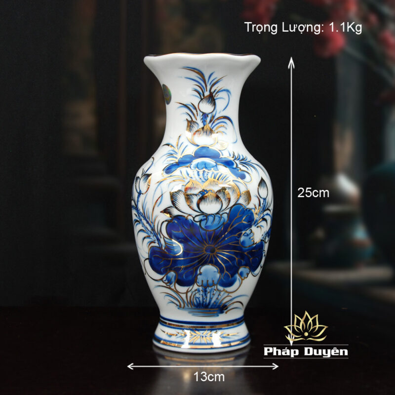 Lọ Hoa (Bình Bông) Miệng Lá Sen Gốm Men Xanh Vàng Kim 25P, Cao 25cm - Ảnh 6