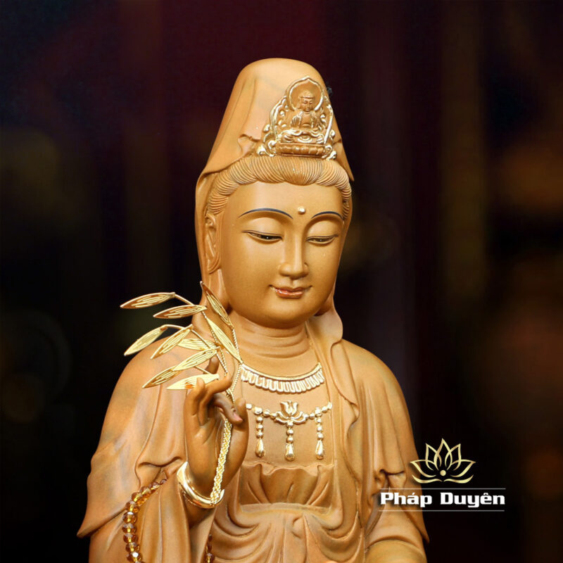 Tượng Bồ Tát Quan Âm Ngồi Đài Sen, Gỗ Hương Chương (Long Não) Điểm Vàng, Cao Từ 40-48cm - Ảnh 4