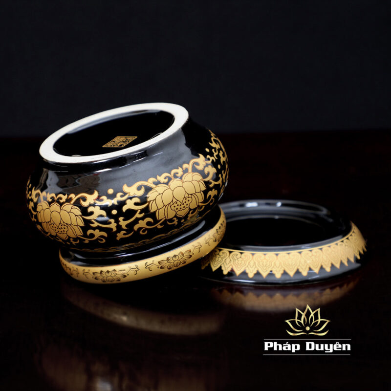Lư Trầm Bằng Gốm Màu Đen Sen Vàng, Size L (15cm ) - Ảnh 5