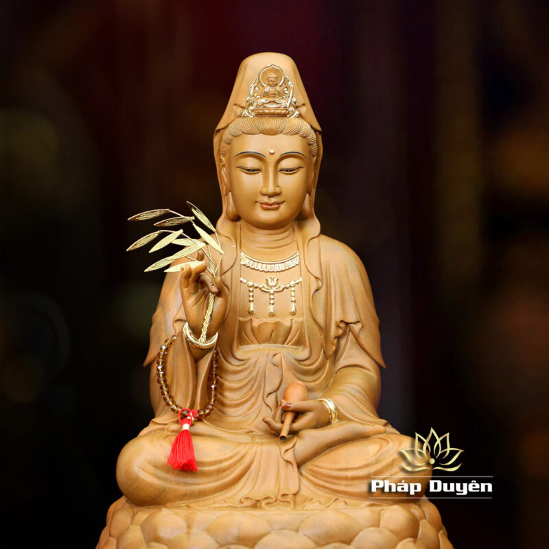 Tượng Bồ Tát Quan Âm Ngồi Đài Sen, Gỗ Hương Chương (Long Não) Điểm Vàng, Cao Từ 40-48cm - Ảnh 5