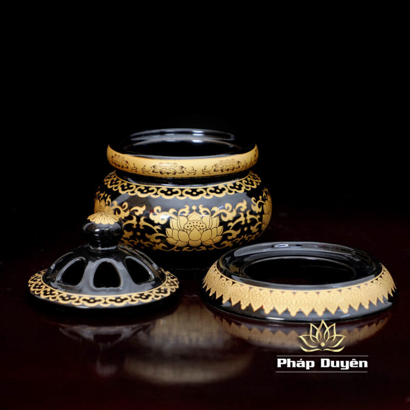 Lư Trầm Bằng Gốm Màu Đen Sen Vàng, Size L (15cm ) - Ảnh 6