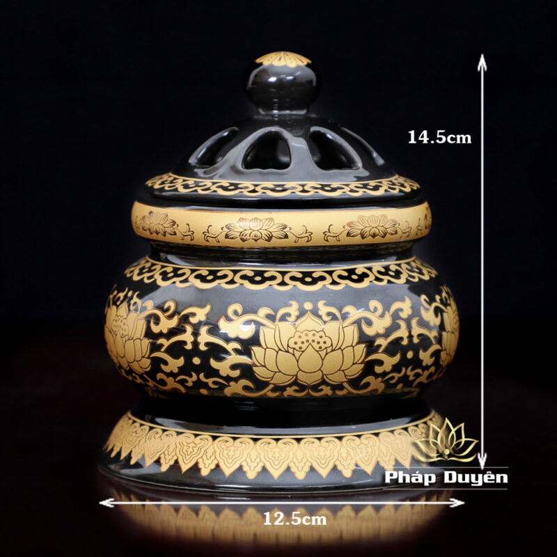 Lư Trầm Bằng Gốm Màu Đen Sen Vàng, Size L (15cm ) - Ảnh 7