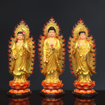 Bộ Tượng Tây Phương Tam Thánh Đứng Đài Sen Đế Bát Giác, Có Hào Quang, Chất Liệu Composite, Cao 80cm