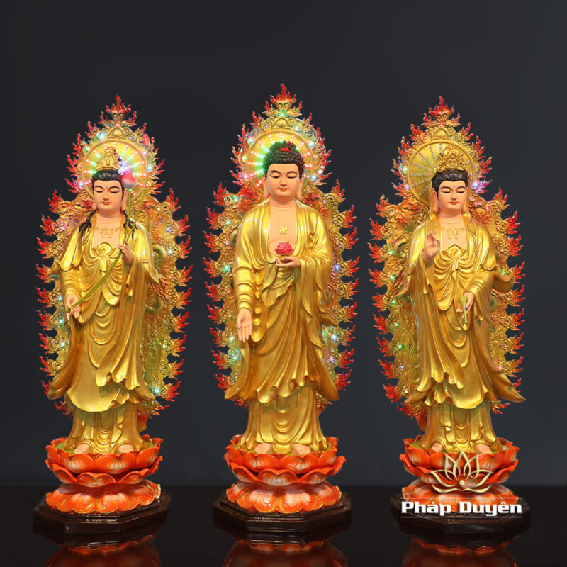 Bộ Tượng Tây Phương Tam Thánh Đứng Đài Sen Đế Bát Giác, Có Hào Quang, Chất Liệu Composite, Cao 80cm - Ảnh 2