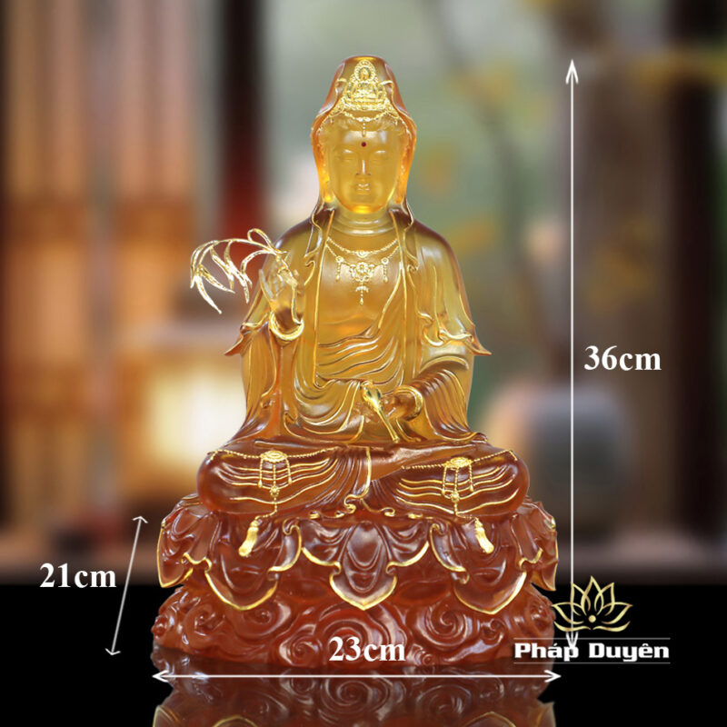 Tượng Quan Âm Ngồi Đế Mây Lưu Ly Viền Vàng, Cao 36cm - Ảnh 9