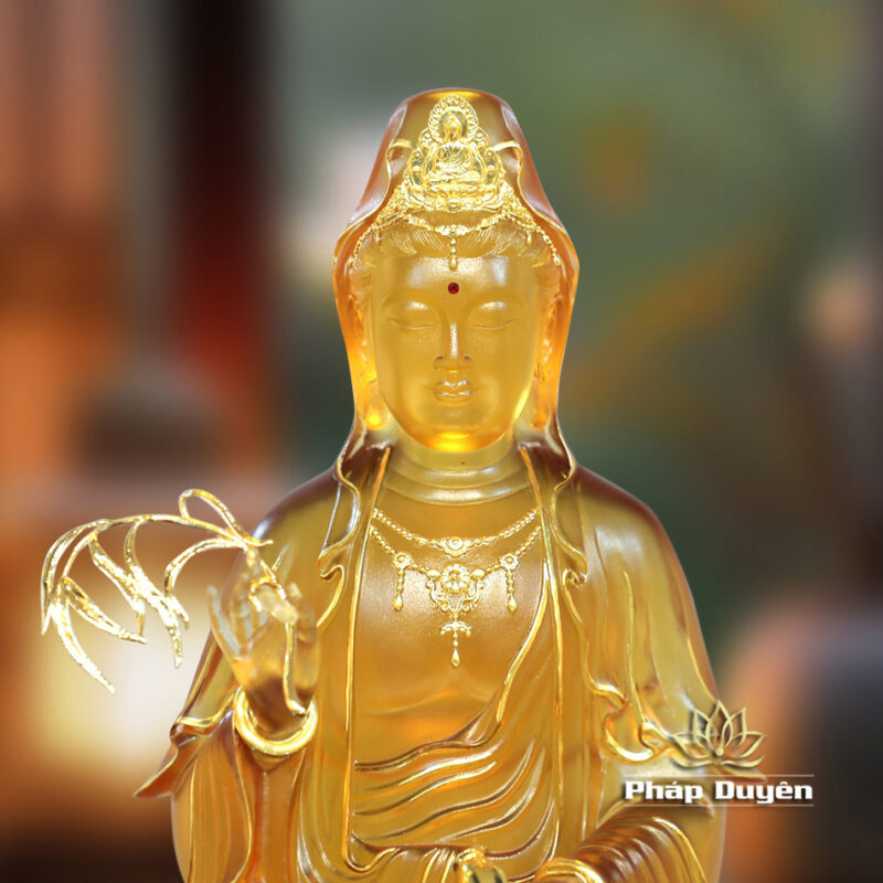Tượng Quan Âm Ngồi Đế Mây Lưu Ly Viền Vàng, Cao 36cm - Ảnh 2