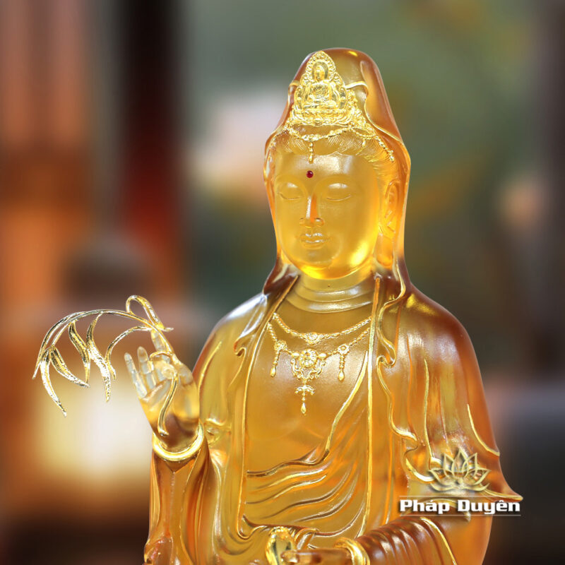 Tượng Quan Âm Ngồi Đế Mây Lưu Ly Viền Vàng, Cao 36cm - Ảnh 3