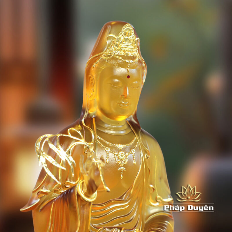 Tượng Quan Âm Ngồi Đế Mây Lưu Ly Viền Vàng, Cao 36cm - Ảnh 4