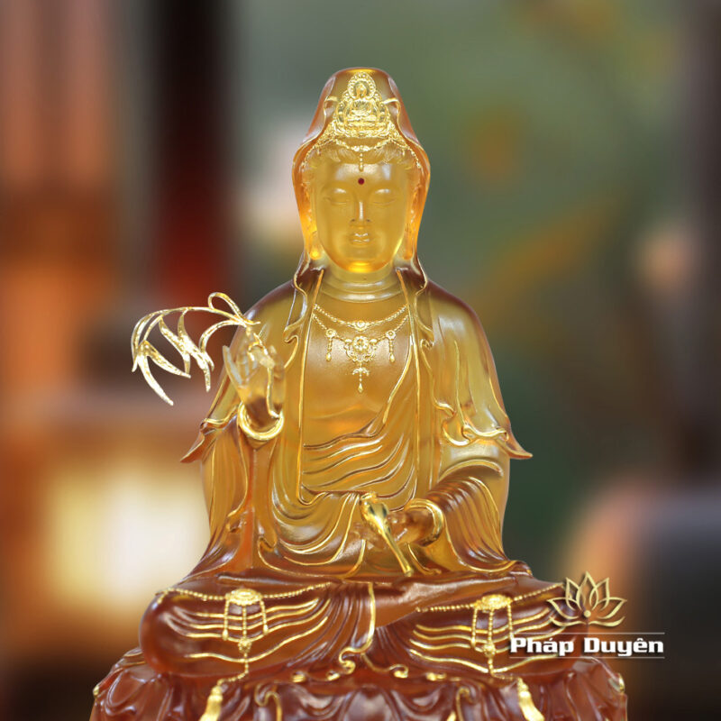 Tượng Quan Âm Ngồi Đế Mây Lưu Ly Viền Vàng, Cao 36cm - Ảnh 5