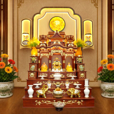 Bộ Bàn Thờ Thần Tài Thổ Địa Ba Gian Sứ Trắng Viền Vàng “Thái Hòa Hưng Vượng”, KT 153*127*189cm