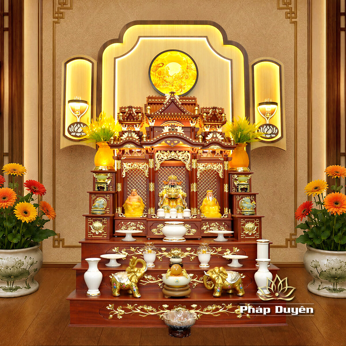Bộ Bàn Thờ Thần Tài Thổ Địa Ba Gian Sứ Trắng Viền Vàng “Thái Hòa Hưng Vượng”, KT 153*127*189cm - ảnh 3