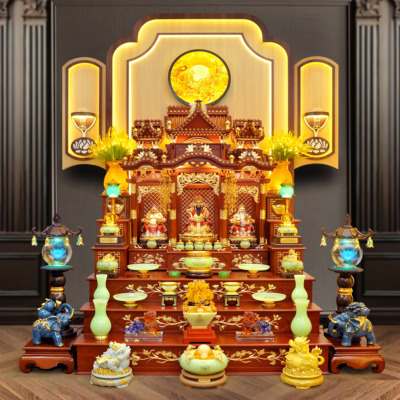 Bộ Bàn Thờ Thần Tài Thổ Địa Ba Gian Lưu Ly Ngọc Xanh Bọc Đồng “Thái Hòa Hưng Vượng”, KT 157*127*189cm