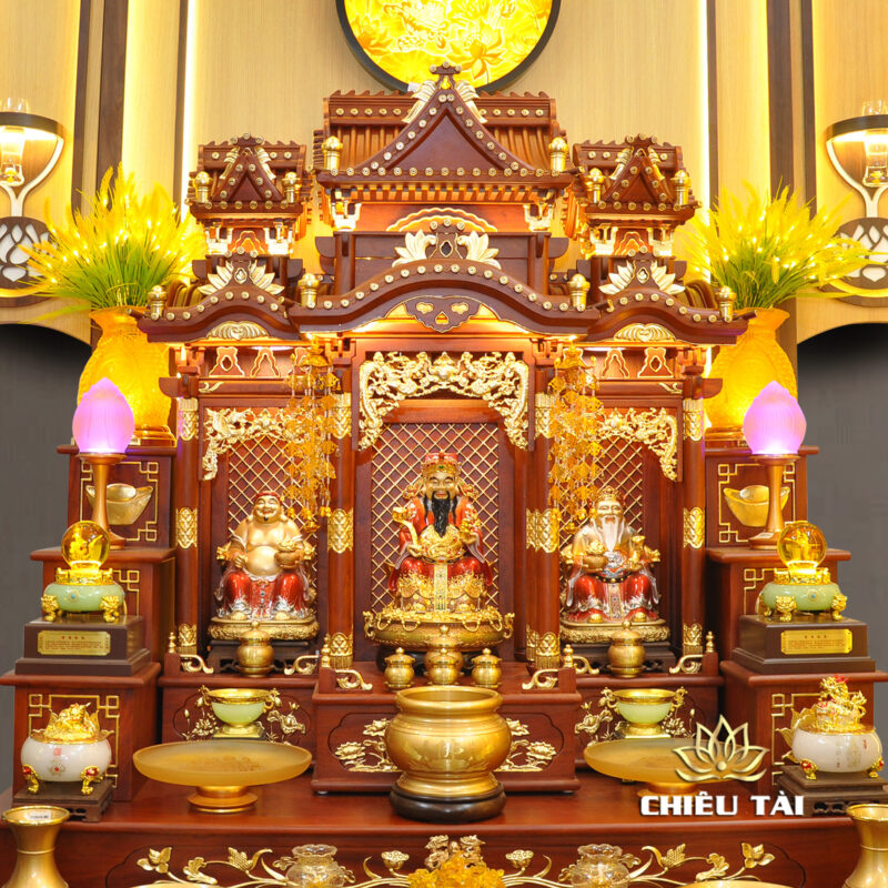 Bộ Bàn Thờ Thần Tài Thổ Địa Ba Gian Đồng Vàng Chữ Phật “Thái Hòa Hưng Vượng”, KT 153*127*189cm - Ảnh 2