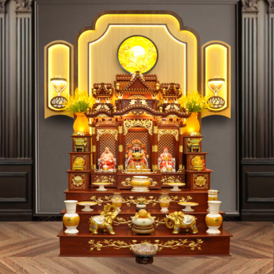 Bộ Bàn Thờ Thần Tài Thổ Địa Ba Gian Sứ Trắng Tâm Kinh Vàng “Thái Hòa Hưng Vượng”, KT 153*127*189cm