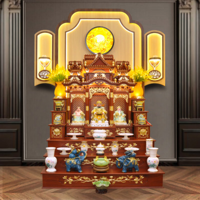 Bộ Bàn Thờ Thần Tài Thổ Địa Ba Gian Sứ Trắng Sen Hồng Lá Xanh “Thái Hòa Hưng Vượng”, KT 153*127*189cm