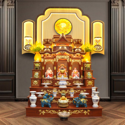 Bộ Bàn Thờ Thần Tài Thổ Địa Ba Gian Sứ Trắng Sen Xanh “Thái Hòa Hưng Vượng”, KT 153*127*189cm