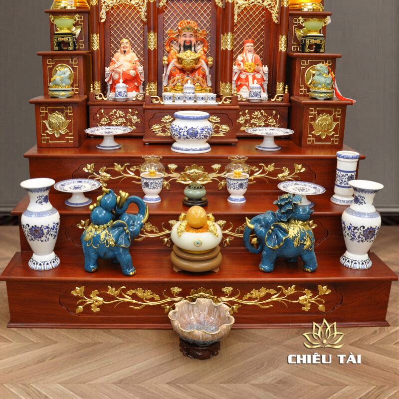 Bộ Bàn Thờ Thần Tài Thổ Địa Ba Gian Sứ Trắng Sen Xanh “Thái Hòa Hưng Vượng”, KT 153*127*189cm - Ảnh 26