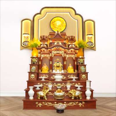 Bộ Bàn Thờ Thần Tài Thổ Địa Ba Gian Sứ Trắng Viền Vàng “Thái Hòa Hưng Vượng”, KT 153*127*189cm