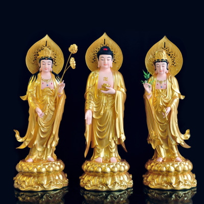 Bộ Tây Phương Tam Thánh Đứng, Chất Liệu Composit Sơn Vàng, Cao 70cm