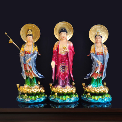 Bộ Tượng Tây Phương Tam Thánh Màu Đồng Cao Cấp Có Hào Quang, Chất Liệu Composite, Cao 80cm (Tổng Hào Quang 90cm)