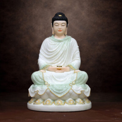Tượng Phật Thích Ca Ngồi Đài Sen Viền Vàng Bằng Bột Đá Cẩm Thạch Mầu Thiên Thanh, Cao 30-66cm