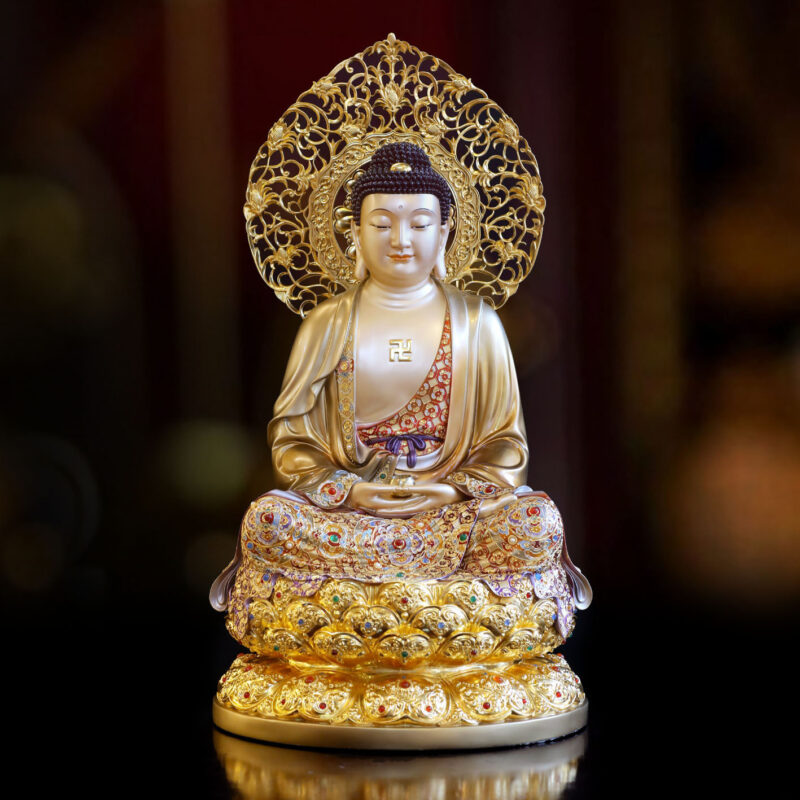 Tượng Bổn Sư Thích Ca Ngồi, Bằng Đồng Men Cổ Viền Vàng Mẫn Bảo, Cao 66cm (Tổng Lá Đề 80cm)