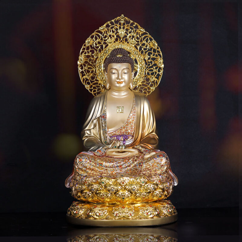 Tượng Bổn Sư Thích Ca Ngồi, Bằng Đồng Men Cổ Viền Vàng Mẫn Bảo, Cao 48cm (Tổng Lá Đề 56cm)