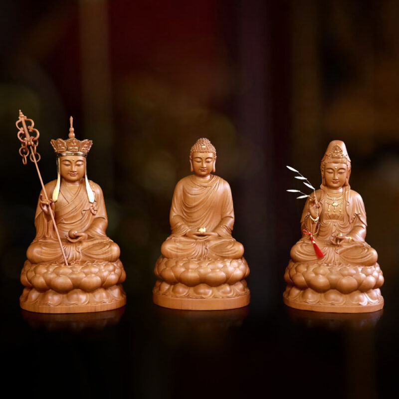 Bộ Tượng Ta Bà Tam Thánh Ngồi Đài Sen, Bằng Gỗ Hương Chương, Cao 30cm