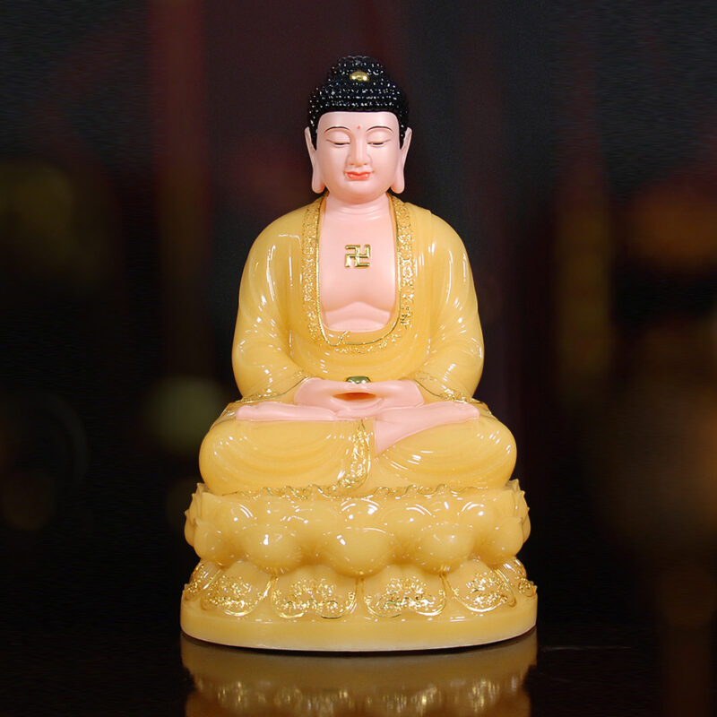 Tượng Phật Thích Ca Ngồi Hoa Sen Bột Đá Thạch Anh Viền Vàng, Cao 40cm
