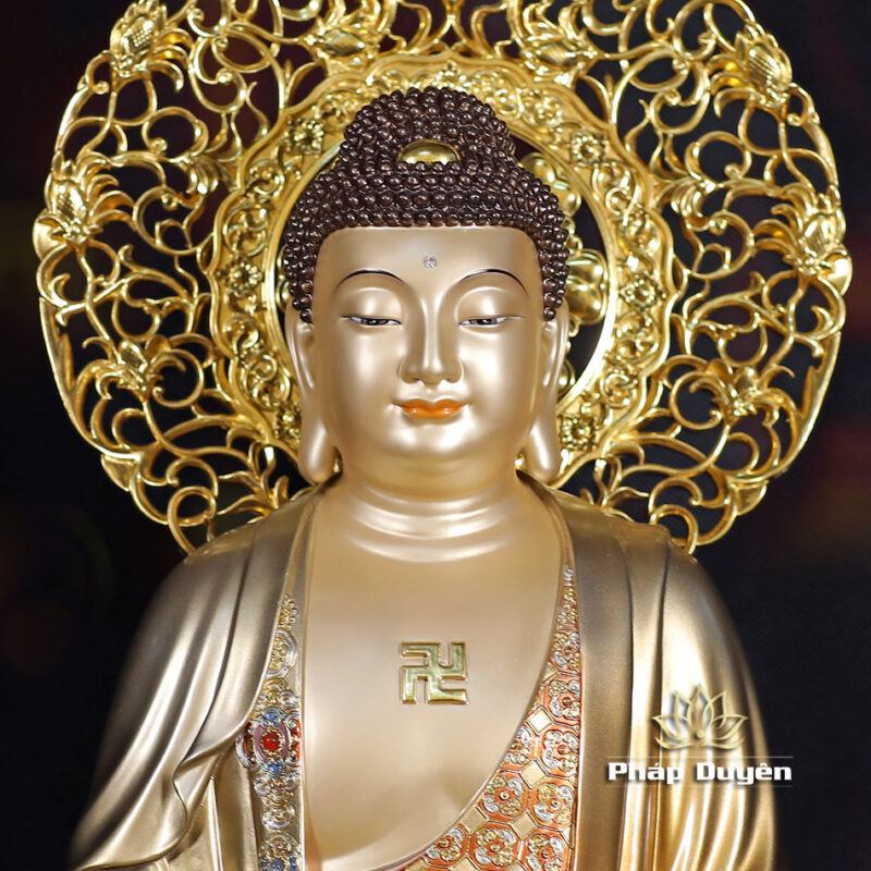 Tượng Bổn Sư Thích Ca Ngồi, Bằng Đồng Men Cổ Viền Vàng Mẫn Bảo, Cao 48cm (Tổng Lá Đề 56cm) - Ảnh 2