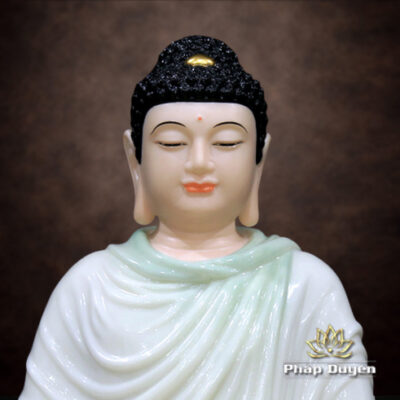Alternative view of Tượng Phật Thích Ca Ngồi Đài Sen Viền Vàng Bằng Bột Đá Cẩm Thạch Mầu Thiên Thanh, Cao 30-66cm