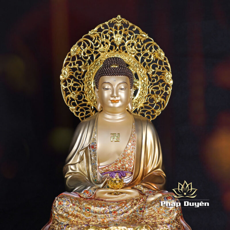 Tượng Bổn Sư Thích Ca Ngồi, Bằng Đồng Men Cổ Viền Vàng Mẫn Bảo, Cao 48cm (Tổng Lá Đề 56cm) - Ảnh 3