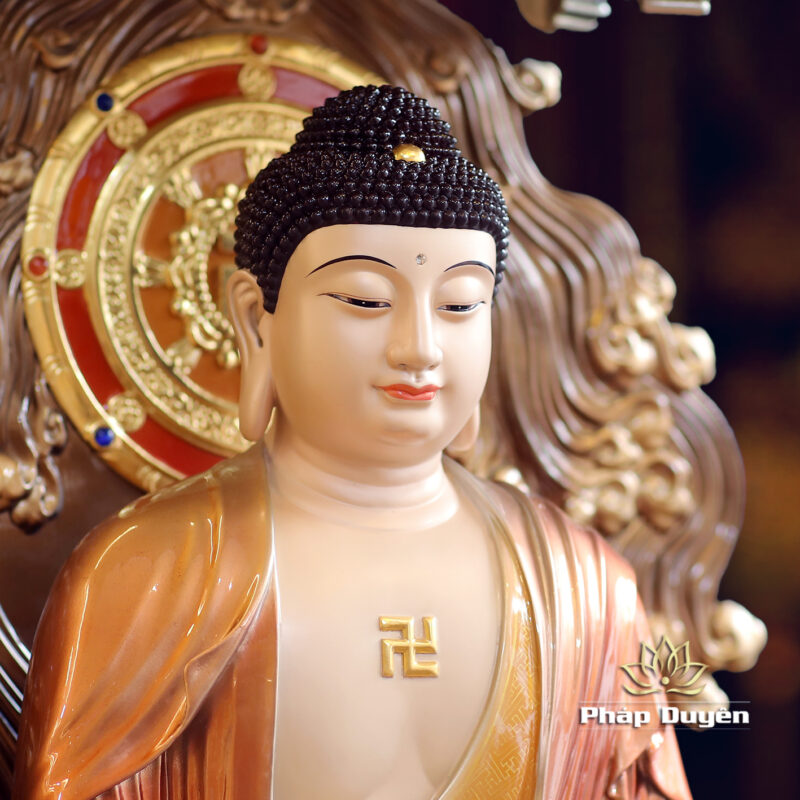 Tượng Bổn Sư Thích Ca Ngồi Đế Sen Non Nước Vẽ Sơn Cao Cấp, Có Lọng Che, Bằng Đồng, Cao 48cm (Cao Đến Lá 72cm) - Ảnh 3