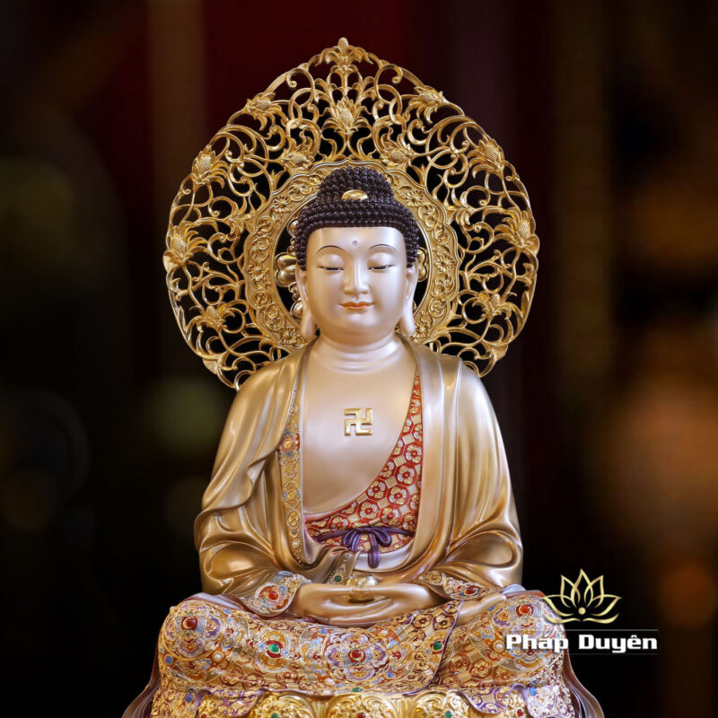 Tượng Bổn Sư Thích Ca Ngồi, Bằng Đồng Men Cổ Viền Vàng Mẫn Bảo, Cao 66cm (Tổng Lá Đề 80cm) - Ảnh 4