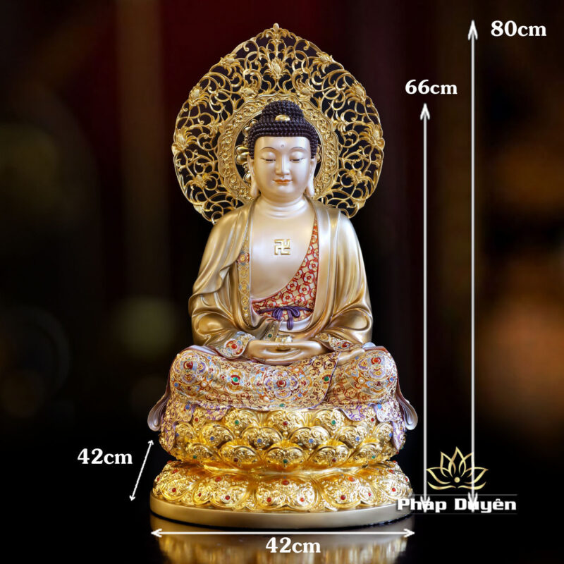 Tượng Bổn Sư Thích Ca Ngồi, Bằng Đồng Men Cổ Viền Vàng Mẫn Bảo, Cao 66cm (Tổng Lá Đề 80cm) - Ảnh 6